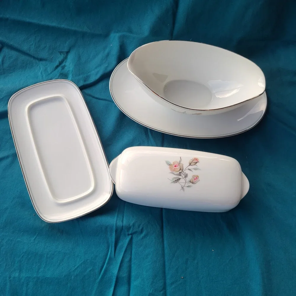 Noritake Margot 5605 Gravy Boat and Butter Dish Set White Rose Floral MCM Vintag